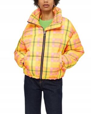 Topshop Yellow Pink Plaid Check Cropped Puffer Puffa Jacket Size 6